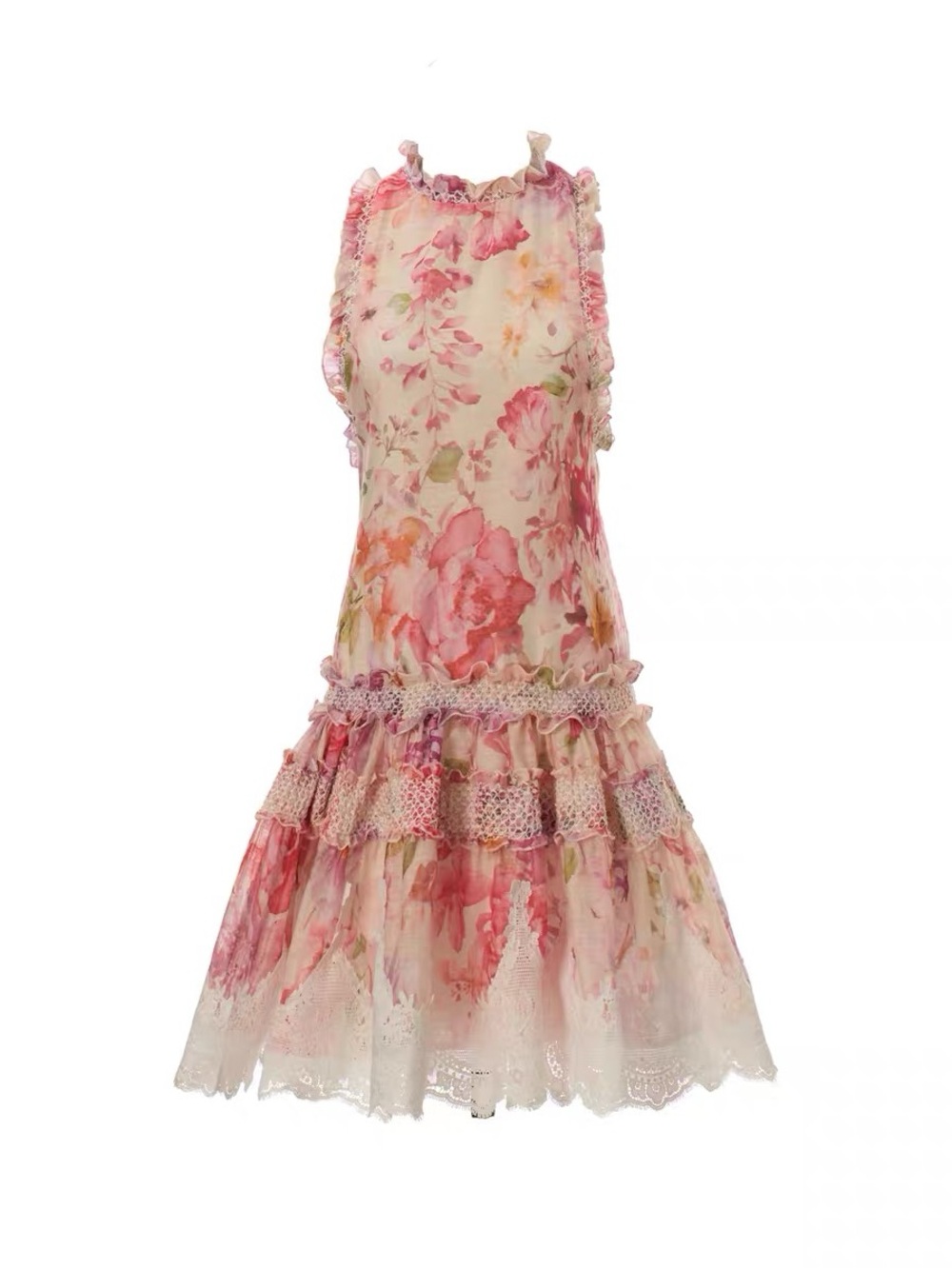 Designer-style Floral Pink Ruffled Halter Dress - Picture 5 of 15